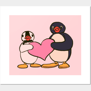 cute pingu and pinga penguin holding heart Posters and Art